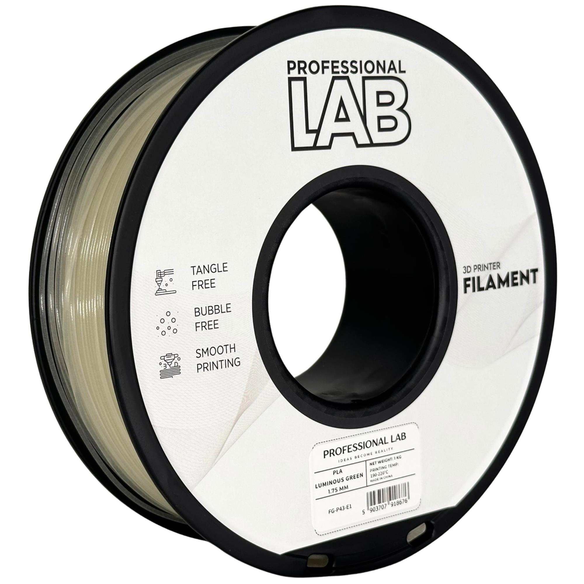 Professional Lab 3D filament PLA, 1,75 mm, 1 kg – zeleně svítící ve tmě (Luminous Green)